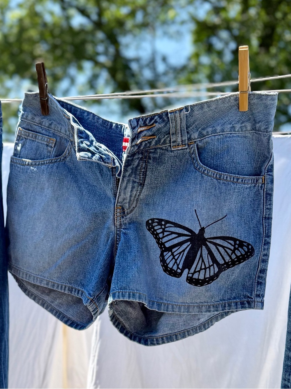 Women’s Light Blue Denim Shorts with Butterfly Print - Size 11